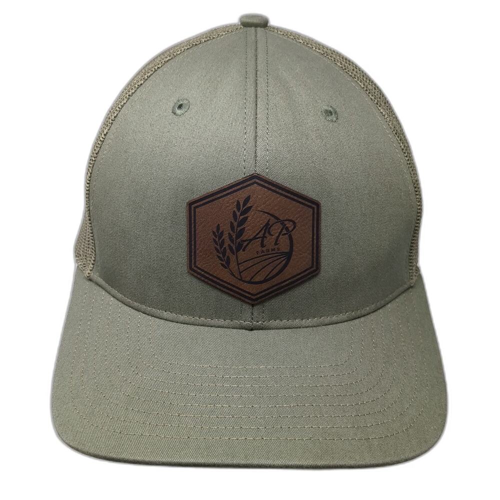 Richardson Trucker Hat Green One Size Leather Patch Mesh Back Snapback Farm Logo